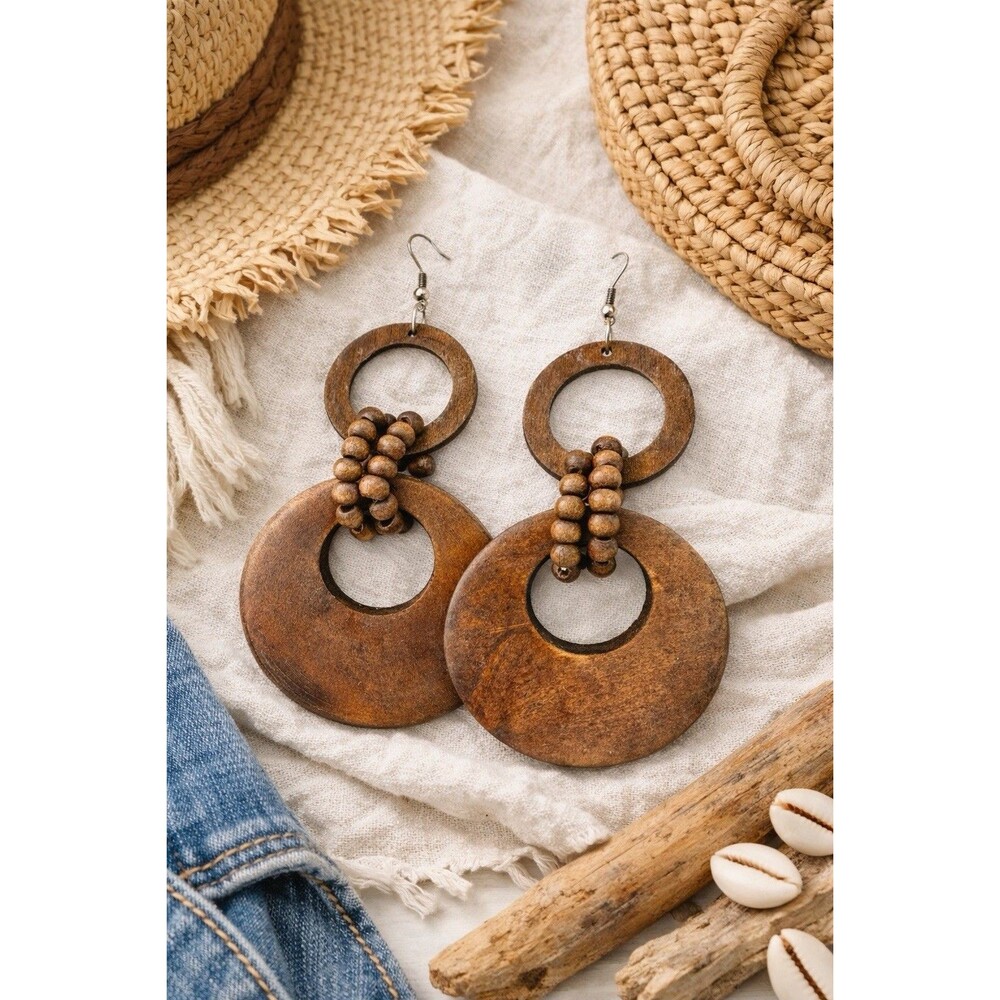 Vintage 1970s Wood Dangle Earrings Double Hoop Beaded Boho Statement Retro